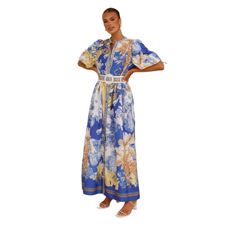 Damen Maxikleid mit floralem Knopfleisten-Design und tailliertem Gürtel Drune