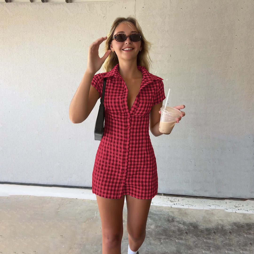 Damen Karo Hemdkleid mit figurbetonendem Schnitt Drune