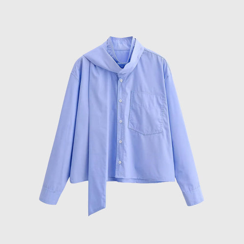 Damen Oversize‑Hemdbluse mit integriertem Halstuch‑Schal und aufgesetzter Brusttasche Drune