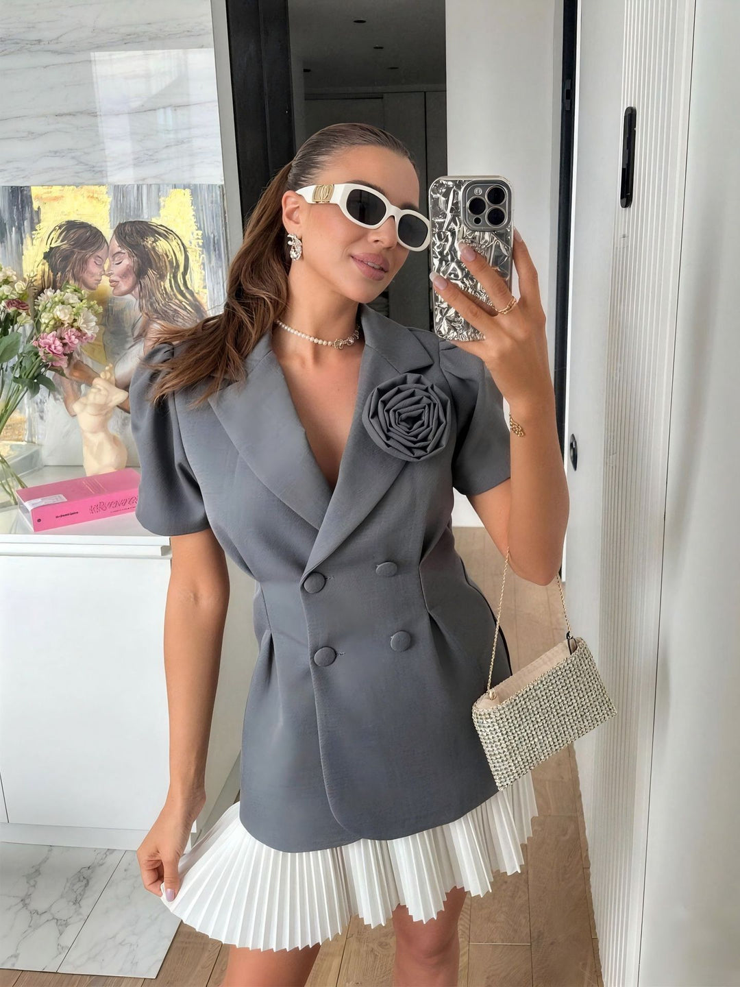 Damen eleganter Blazer mit Puffärmeln und floralem Detail Drune