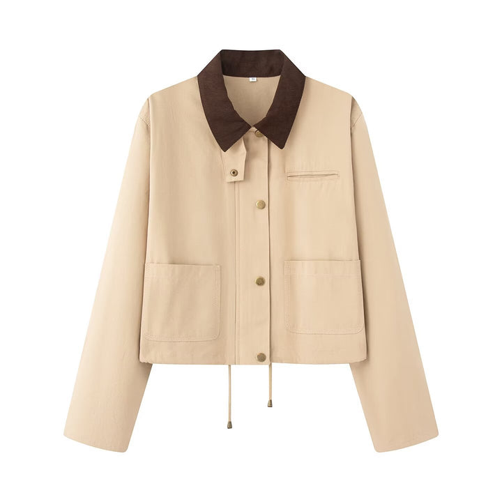 Damen Cropped Übergangsjacke im Workwear‑Look mit Cordkragen, Druckknopfleiste und Tunnelzug Drune