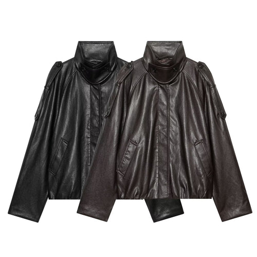 Damen Oversized Cropped Lederoptik‑Jacke mit hohem Stehkragen und Epauletten Drune