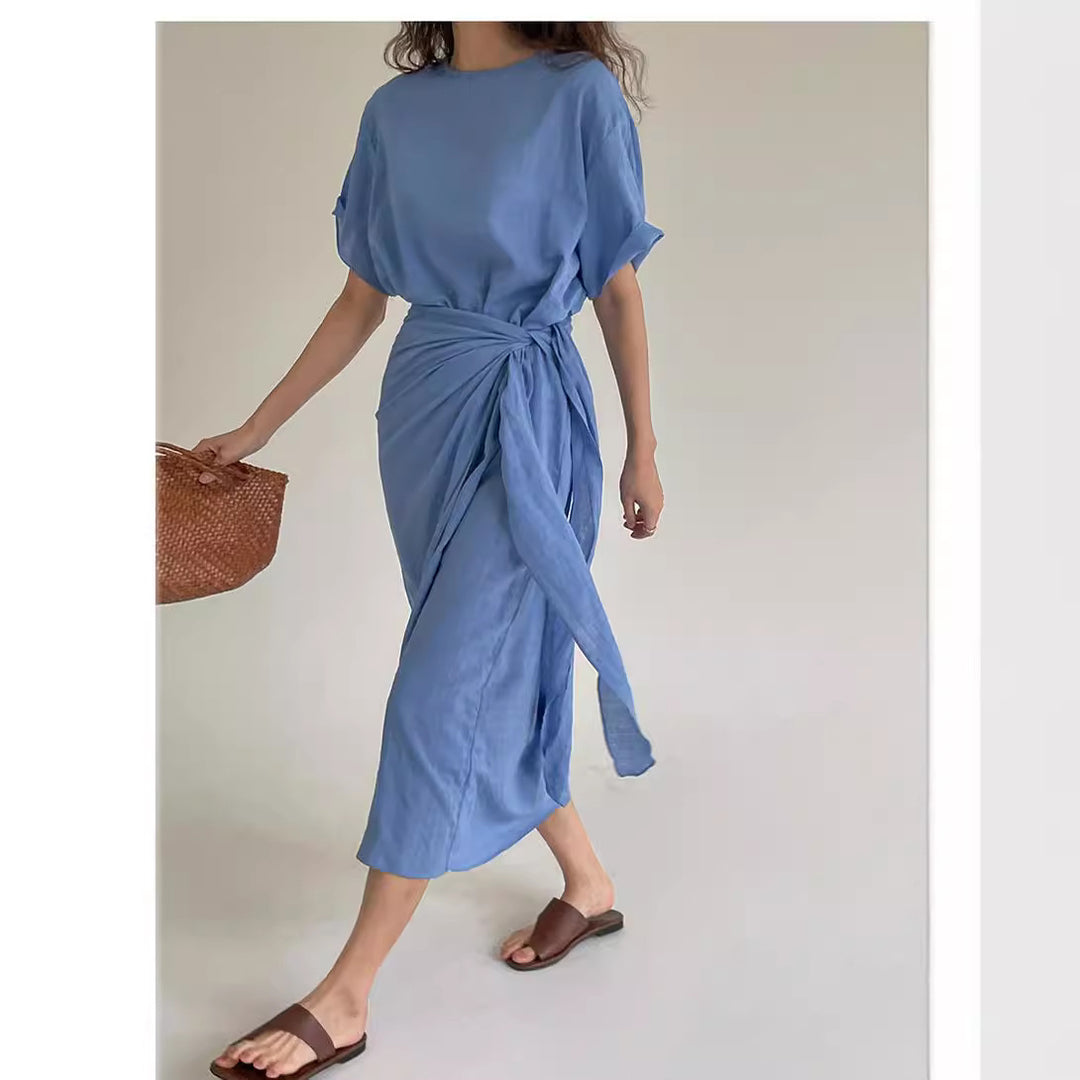 Damen Midi-Kleid mit seitlicher Knotendrapierung, überschnittener Kurzarm und gerader Silhouette Drune