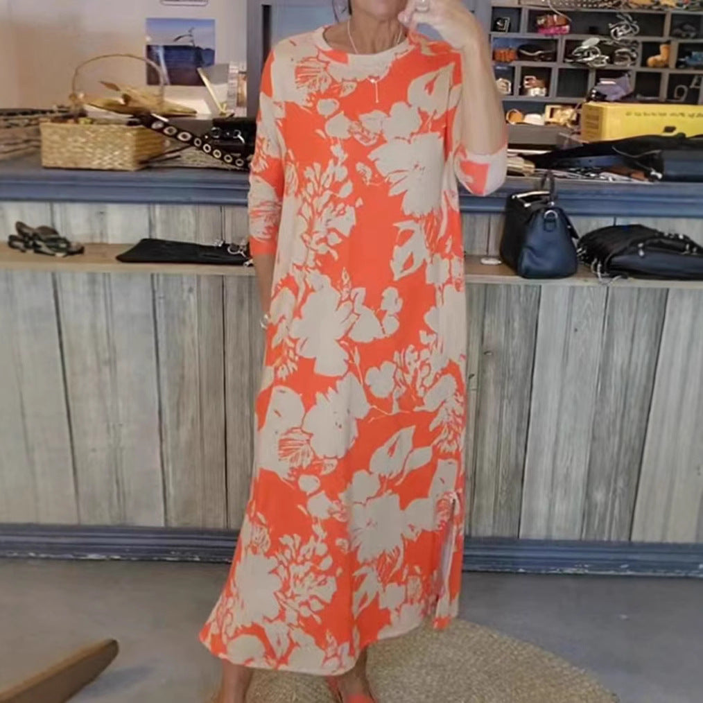 Damen nan fließendes A-Linien-Maxikleid mit Dreiviertelärmeln Rundhalsausschnitt Seitenschlitz und Eingrifftaschen Drune