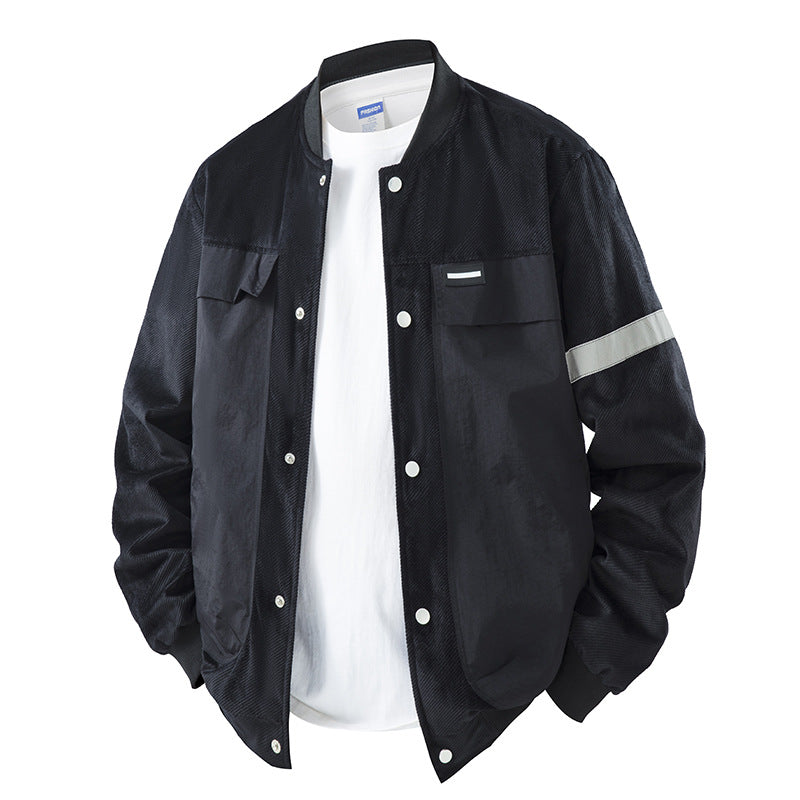 Herren Leichte Utility-Bomberjacke mit Druckknopfverschluss, Brusttaschen und reflektierendem Ärmelstreifen Drune