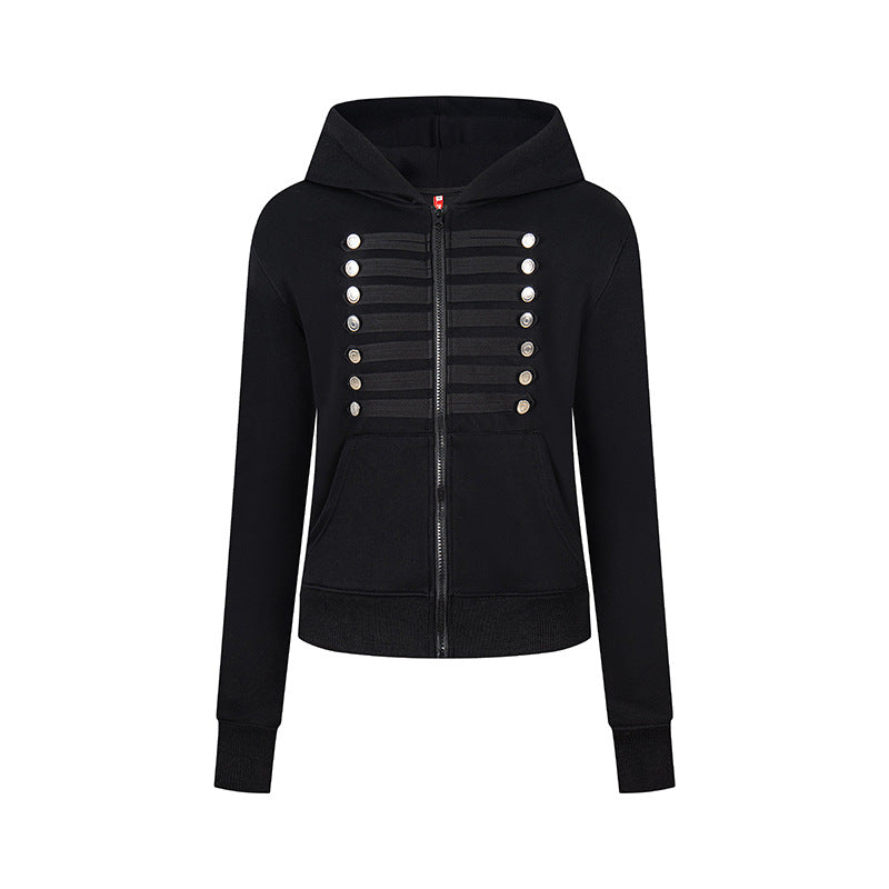 Damen Kapuzen-Sweatjacke mit dekorativer Militär‑Bortenleiste und Zierknöpfen Drune