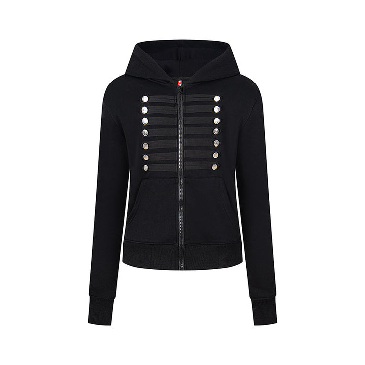 Damen Kapuzen-Sweatjacke mit dekorativer Militär‑Bortenleiste und Zierknöpfen Drune