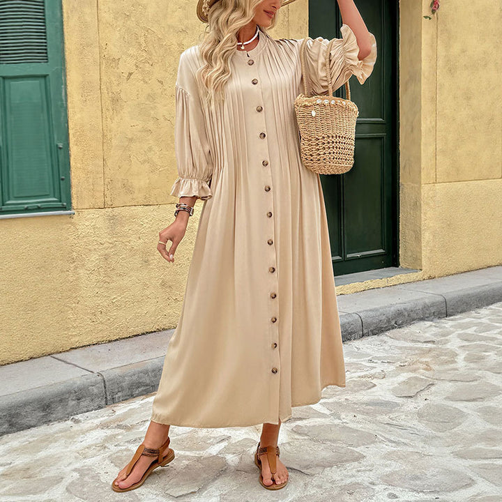 Damen Elegantes Maxikleid mit Knopfdetails und Raffungen Drune