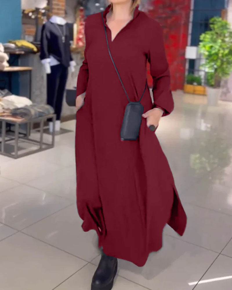 Damen Lange Maxi Kleid mit Stehkragen, Seitentaschen und Lockerem Fall Drune