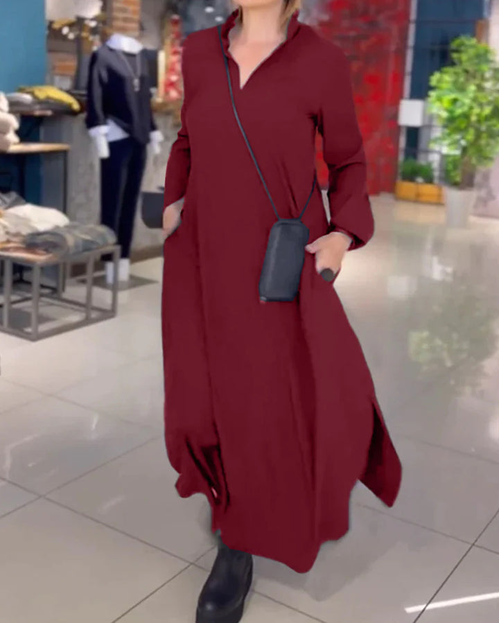 Damen Lange Maxi Kleid mit Stehkragen, Seitentaschen und Lockerem Fall Drune