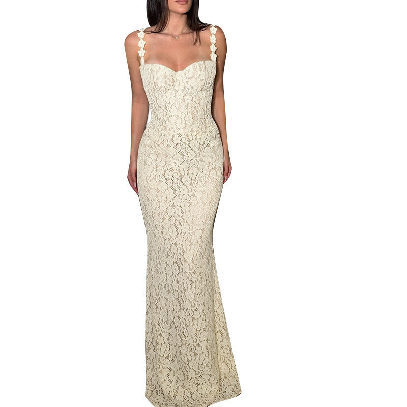 Damen elegantes Maxikleid mit Spitze und verführerischem Herzausschnitt Drune