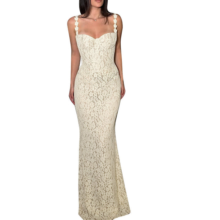 Damen elegantes Maxikleid mit Spitze und verführerischem Herzausschnitt Drune