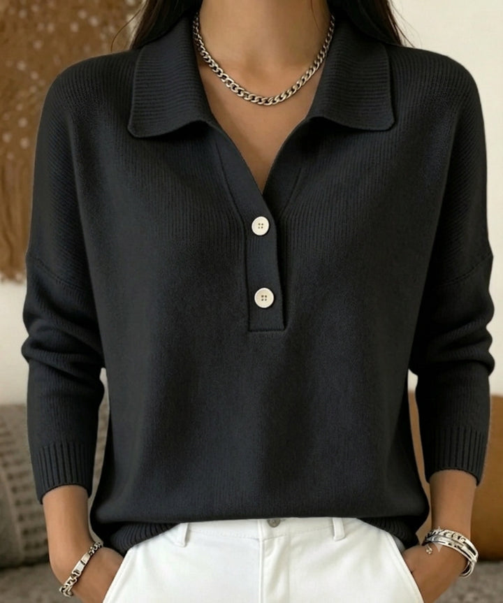 Damen Polokragen-Pullover mit halber Knopfleiste und geripptem Saum Drune