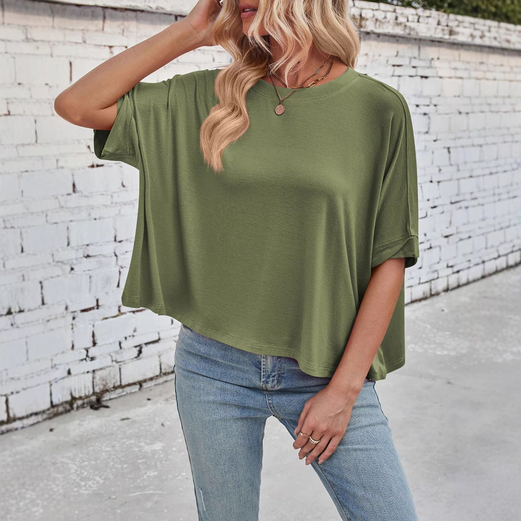Damen lässiges cropped Oberteil mit weiten Ärmeln und Rundhalsausschnitt Drune