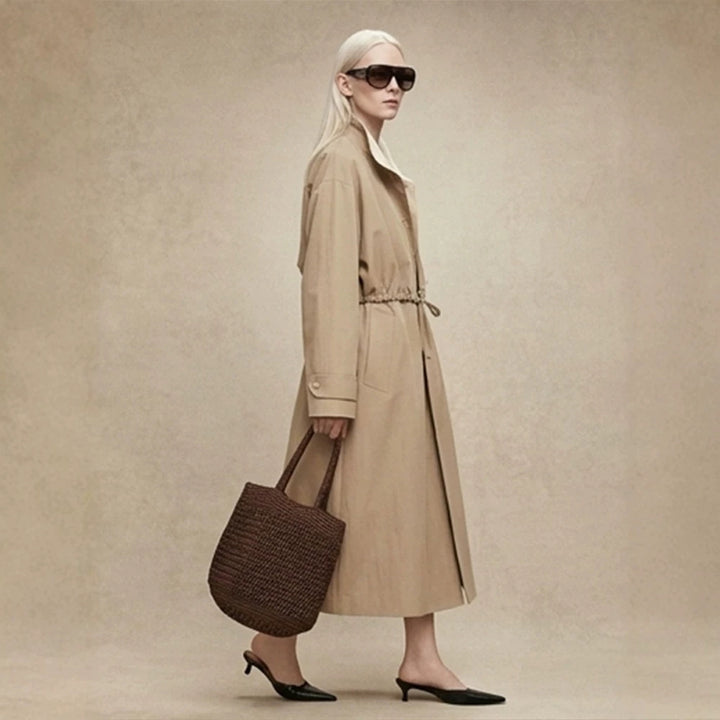 Damen Taillierter Mantel im Trenchcoat‑Stil mit Kordelzug‑Taille und Kontrastkragen Drune