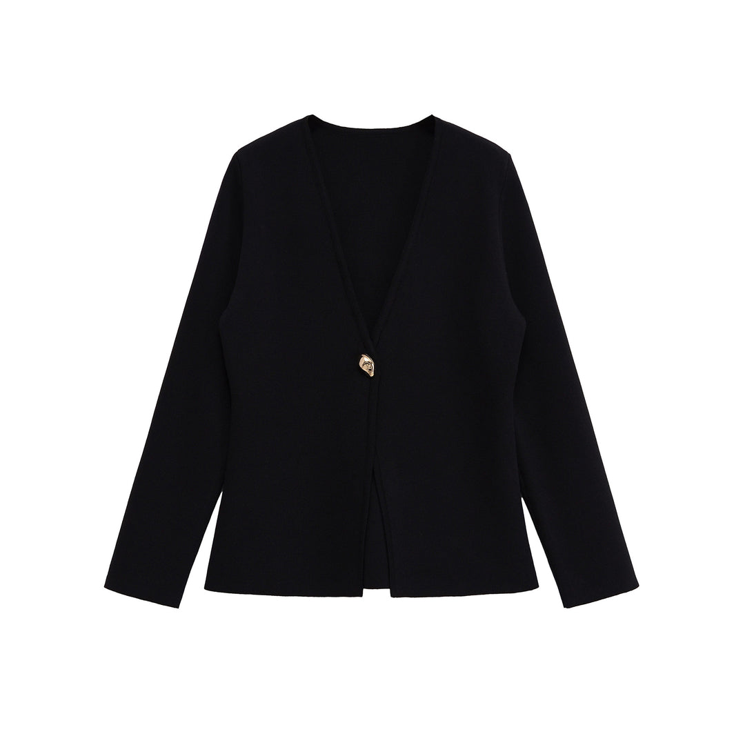 Damen Feiner V‑Ausschnitt-Cardigan mit Schmuckknopf und kastiger Silhouette Drune