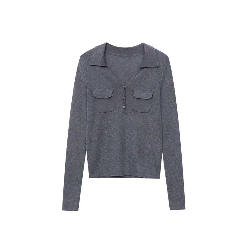 Damen figurbetontes Langarm-Tee mit klassischen Knopfdetails Drune