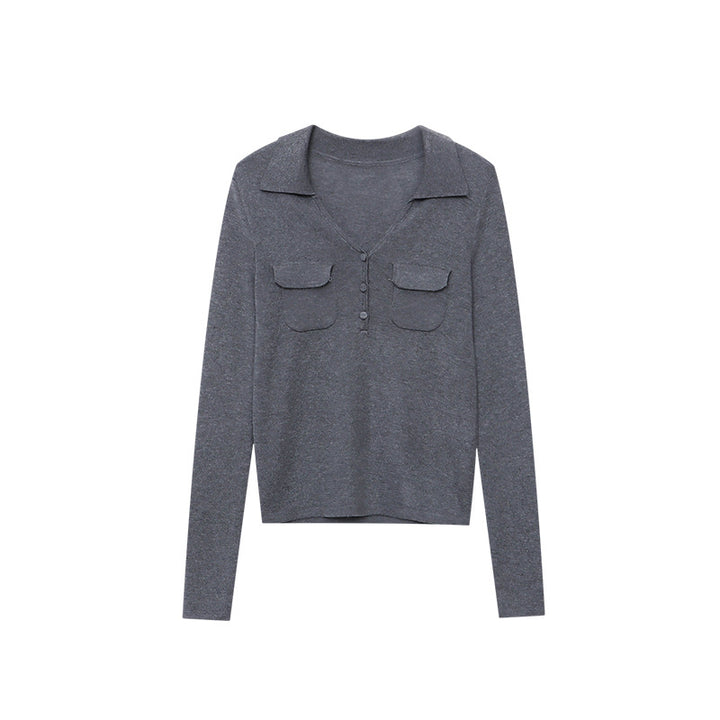 Damen figurbetontes Langarm-Tee mit klassischen Knopfdetails Drune