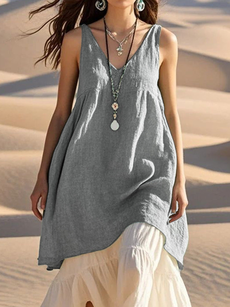 Damen luftiges Leinenkleid mit V-Ausschnitt und asymmetrischem Saum Drune