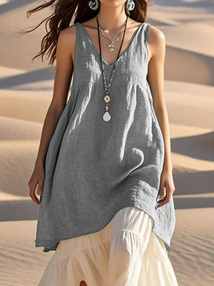 Damen luftiges Leinenkleid mit V-Ausschnitt und asymmetrischem Saum Drune