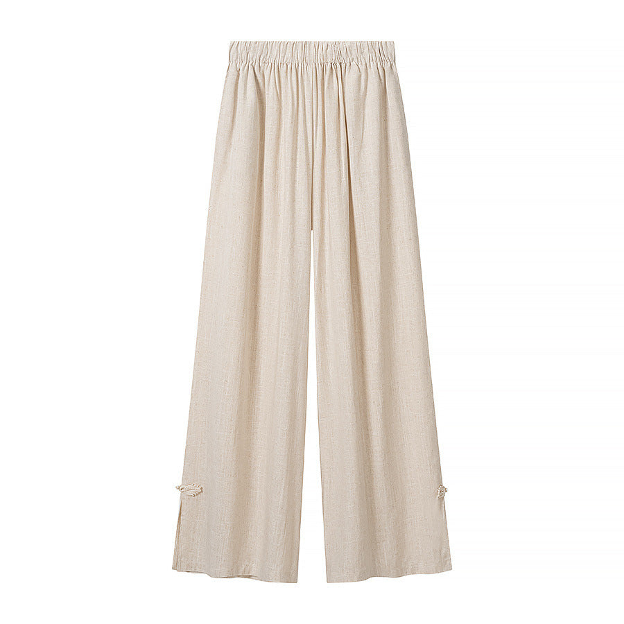 Damen Zweiteiliges Leinen-Set mit Stehkragen, Zierknotenverschlüssen und elastischer Weitbein-Hose Drune