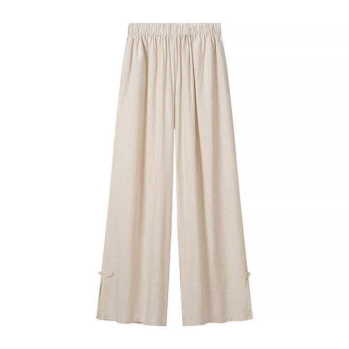 Damen Zweiteiliges Leinen-Set mit Stehkragen, Zierknotenverschlüssen und elastischer Weitbein-Hose Drune