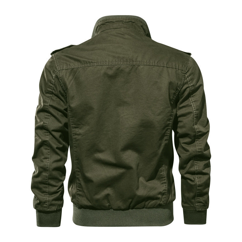 Herren militärisch inspirierte Baumwoll-Canvas-Bomberjacke mit hohem Stehkragen und Brustpattentaschen Drune