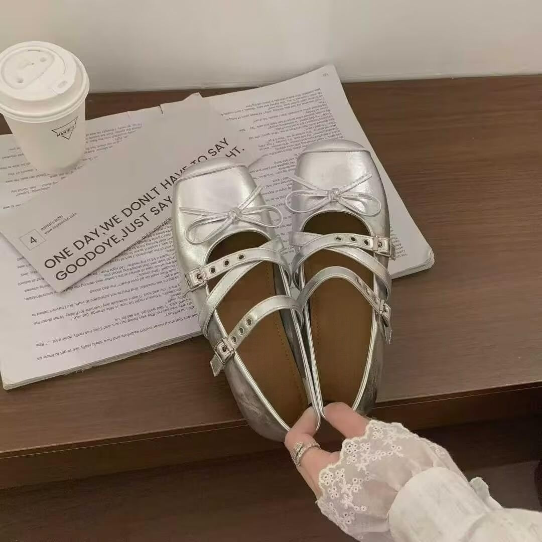 Damen Ballerina-Schuhe mit dekorativen Doppelschnallen und modischen Schleifen Drune