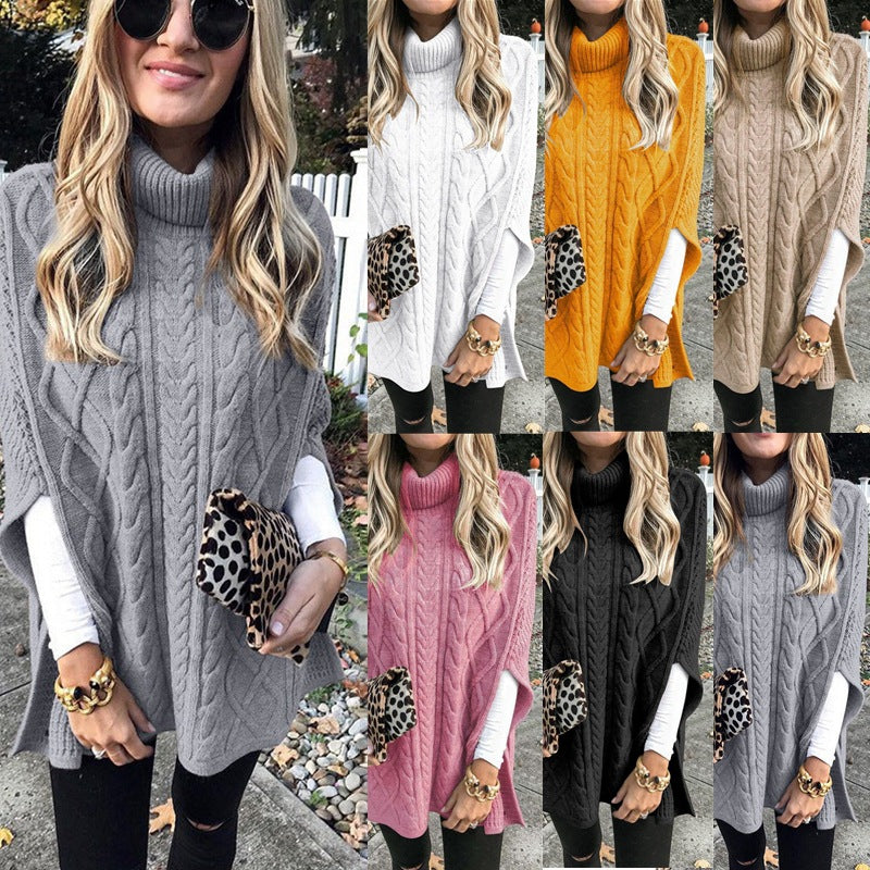 Damen Strickponcho mit hohem Kragen und Kabelformung Drune