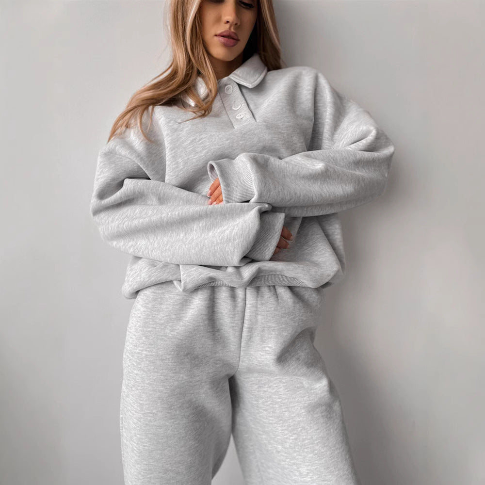 Damen Casual-Set aus schwerem French-Terry mit Polokragen-Cropped-Sweater und weitem High-Waist-Sweathose Drune