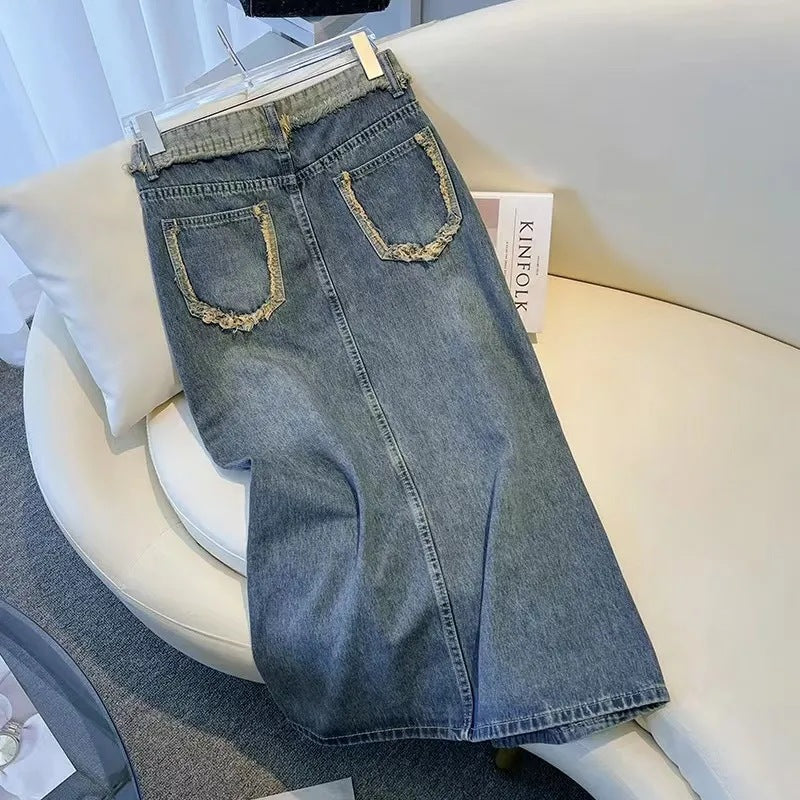 Damen Modischer Denim-Midi-Rock mit Frontschlitz Drune