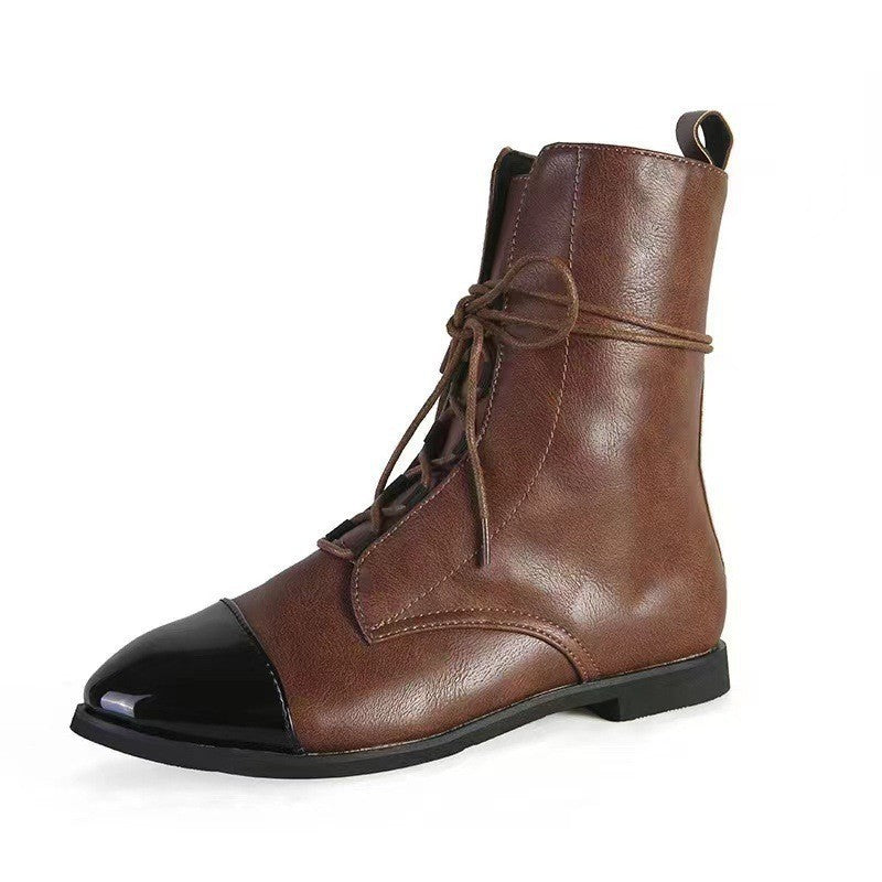 Damen Lederoptik-Schnürstiefelette mit glänzender Zehenkappe und niedrigem Blockabsatz Drune