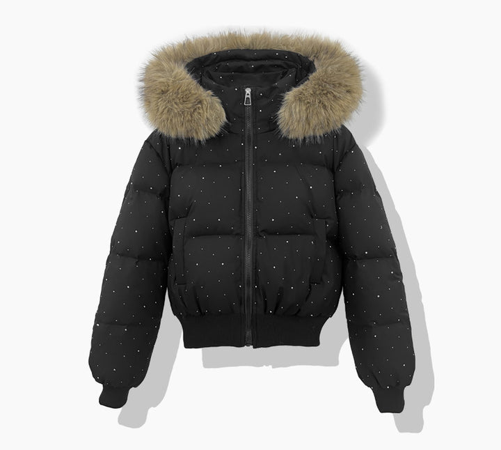 Damen nan kurzer gesteppter Pufferblouson mit feinem Strassbesatz, abnehmbarer Webpelzkapuze und elastischem Saum Drune