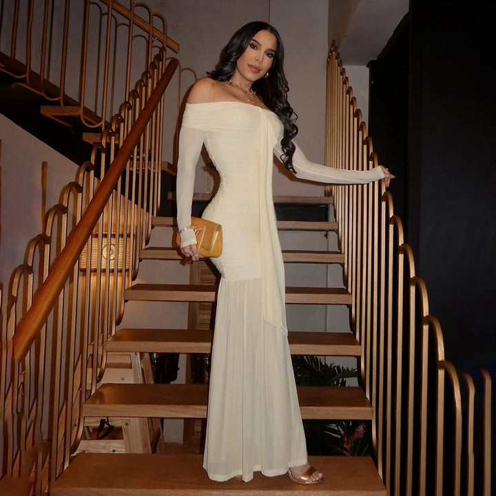 Damen Elegantes Maxikleid mit Off-Shoulder Design und raffinierten Drapierungen Drune