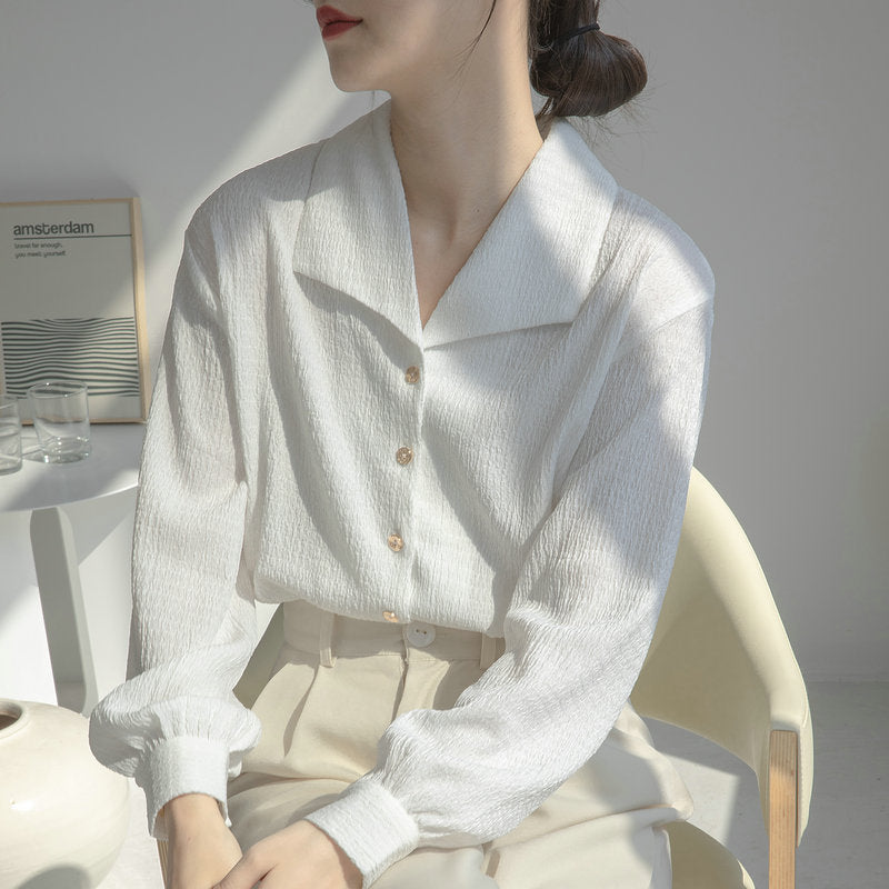 Damen Elegantes Blusenshirt mit tiefem V-Ausschnitt und volumetrischen Puffärmeln Drune