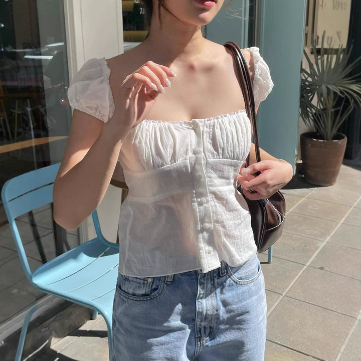 Damen Puffärmel Bluse mit Knopfdetail und geraffter Optik Drune