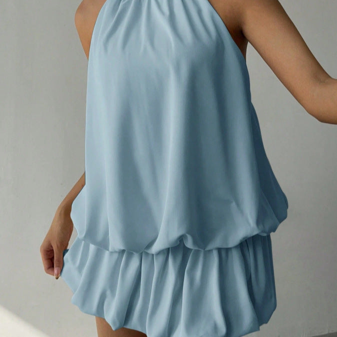 Damen sommerliches Minikleid mit haltem Kragen und asymmetrischem Design Drune