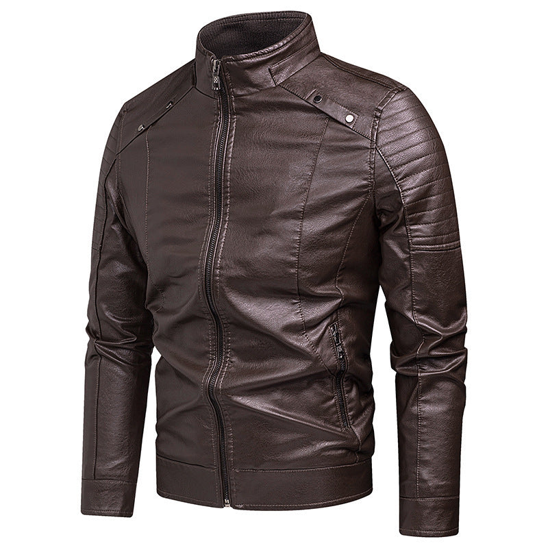 Herren Slim-Fit Kunstleder-Bikerjacke mit Stehkragen und Reißverschlusstaschen Drune