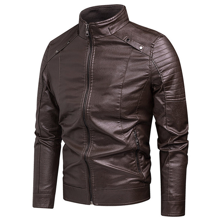 Herren Slim-Fit Kunstleder-Bikerjacke mit Stehkragen und Reißverschlusstaschen Drune