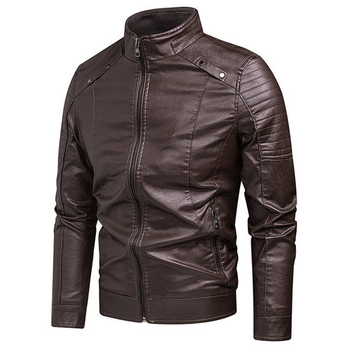 Herren Slim-Fit Kunstleder-Bikerjacke mit Stehkragen und Reißverschlusstaschen Drune