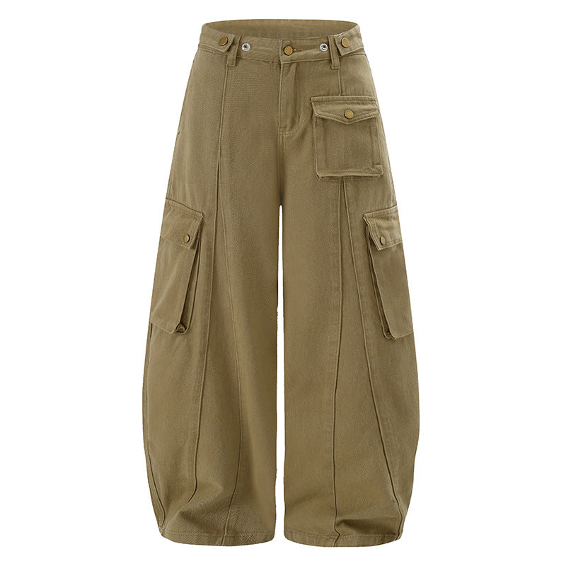 Damen Weite Cargo-Palazzo-Hose mit hohem Bund, Ballon-Saum und mehreren Klappentaschen Drune