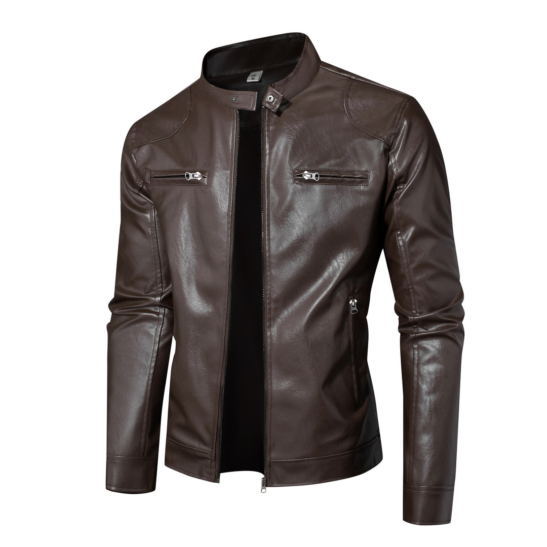 Herren Lederjacke im Bikerstil mit Stehkragen und Reißverschlusstaschen Drune