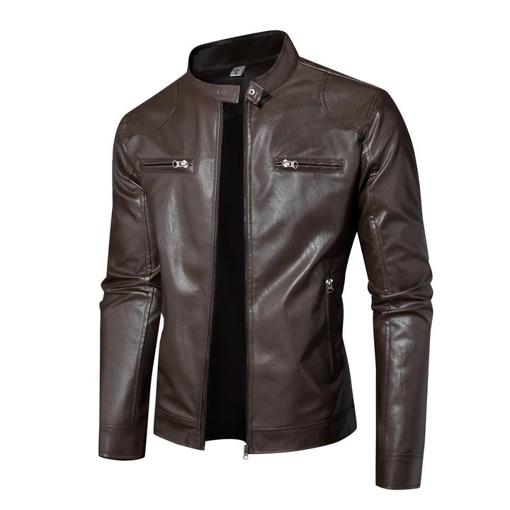 Herren Lederjacke im Bikerstil mit Stehkragen und Reißverschlusstaschen Drune