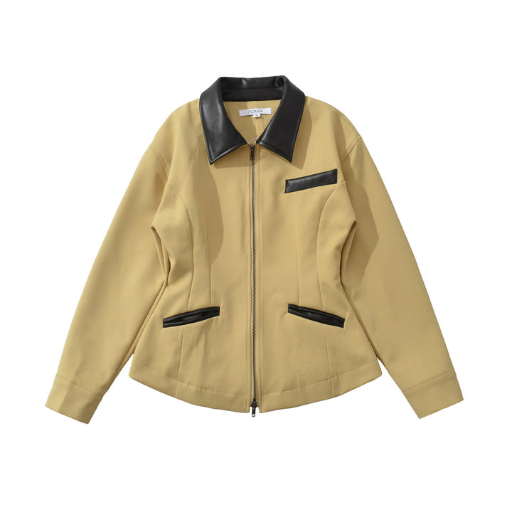 Damen Taillierte Kurzjacke mit Reißverschluss und Kunstlederbesatz Drune