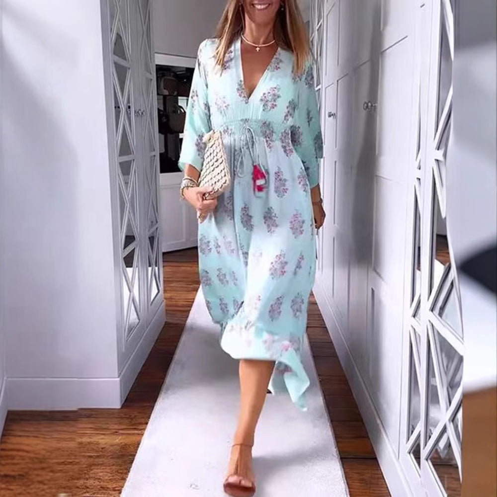 Damen nan luftig-fließendes Boho-Midikleid mit V-Ausschnitt, geraffter Smock-Taille, Kordelzug mit Quasten und asymmetrischem Volant-Saum Drune