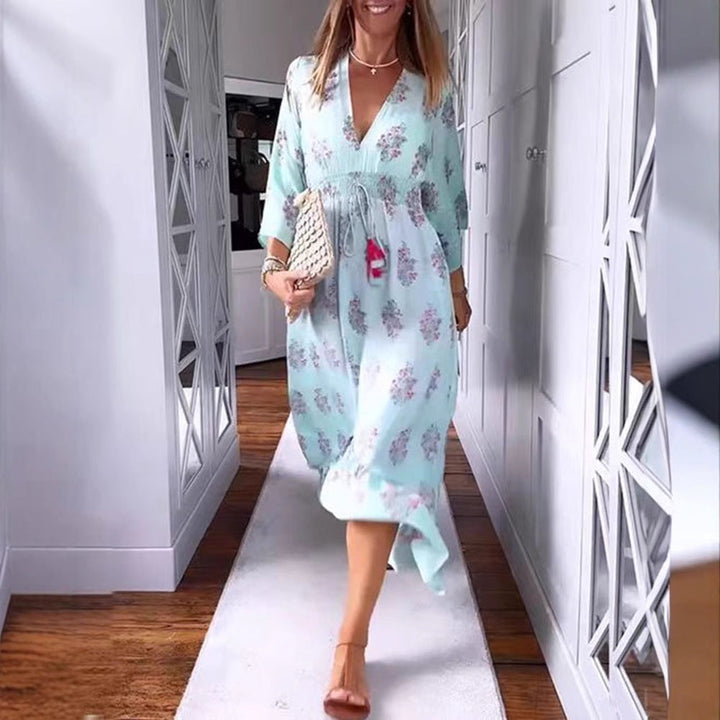 Damen nan luftig-fließendes Boho-Midikleid mit V-Ausschnitt, geraffter Smock-Taille, Kordelzug mit Quasten und asymmetrischem Volant-Saum Drune