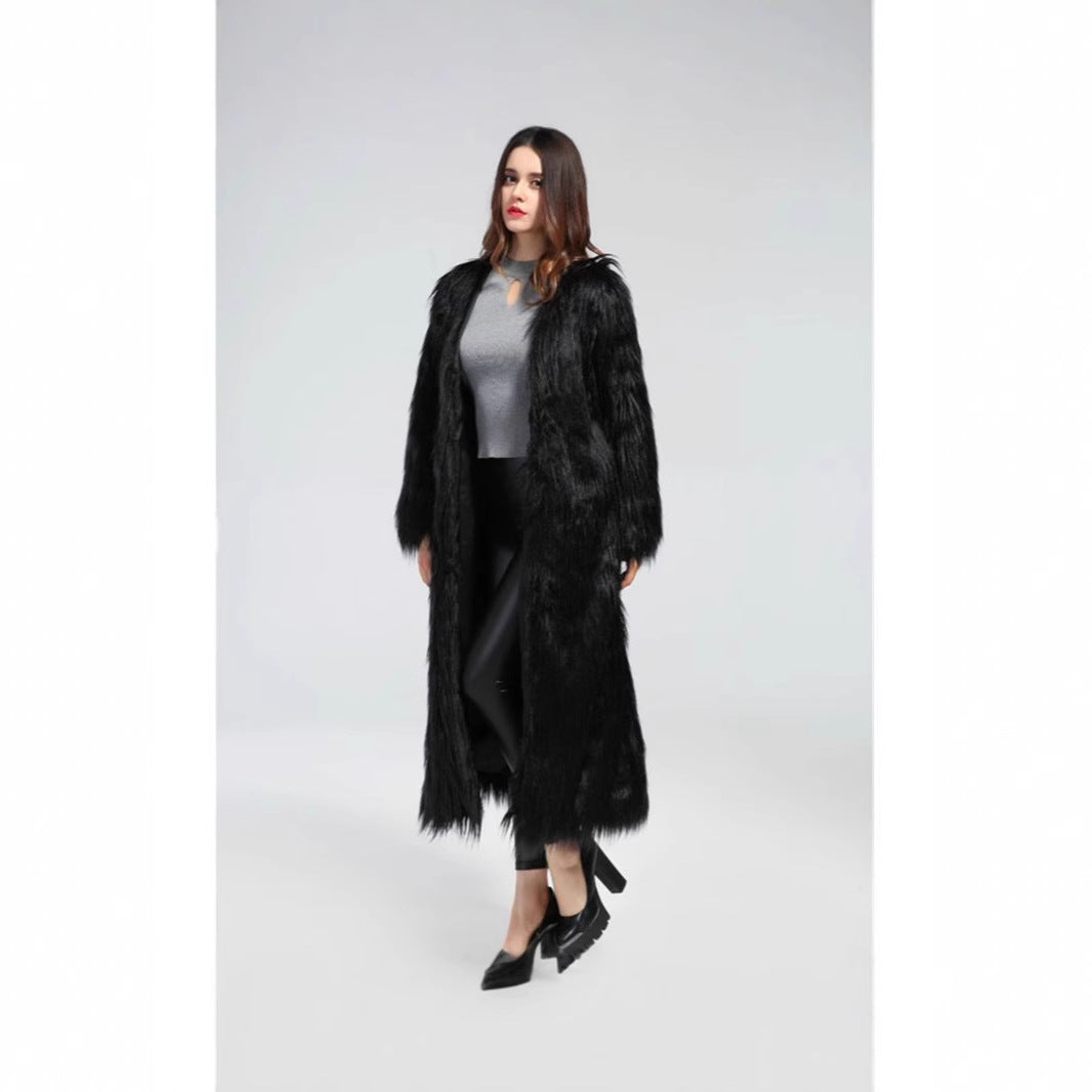 Damen extravaganter bodenlanger Hochflor-Faux-Fur-Mantel mit Schleppe und offenem Schnitt Drune