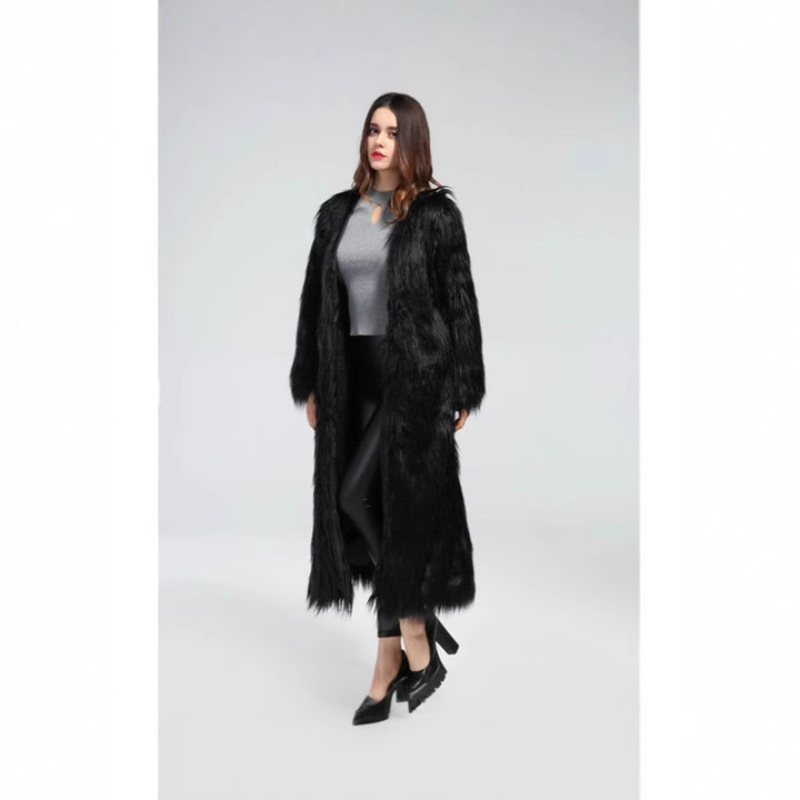 Damen extravaganter bodenlanger Hochflor-Faux-Fur-Mantel mit Schleppe und offenem Schnitt Drune