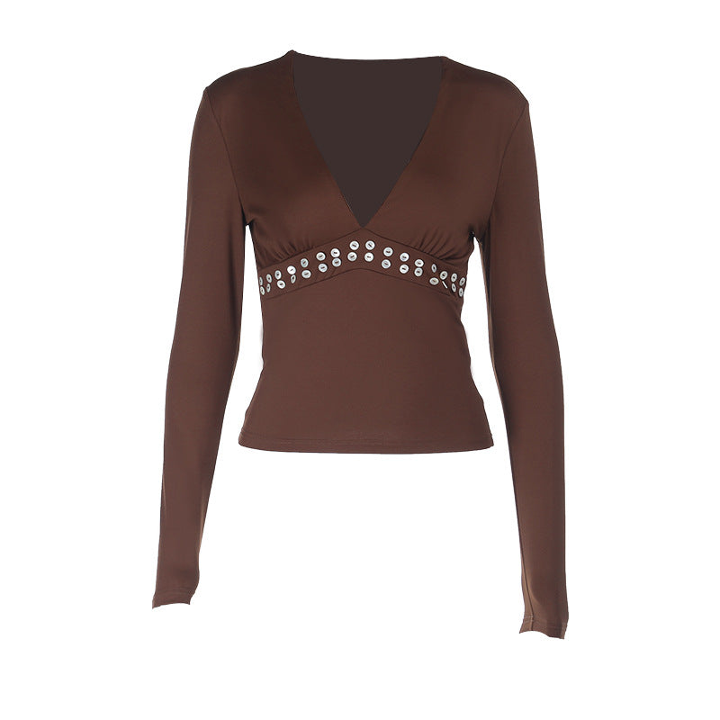 Damen elegantes Langarm-Top mit tiefem V-Ausschnitt und dekorativen Nieten Drune