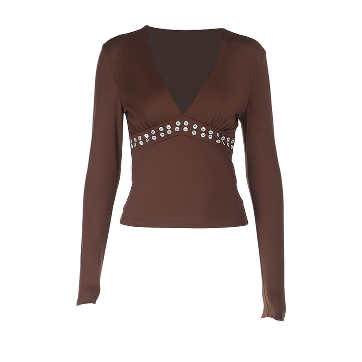 Damen elegantes Langarm-Top mit tiefem V-Ausschnitt und dekorativen Nieten Drune